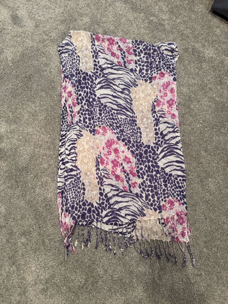 Printed Fringe Scarf In Purple Pink  Cream